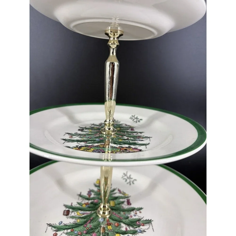 Vintage Spode Christmas Tree Triple 3-Tier Serving Tray Cookie Stand England